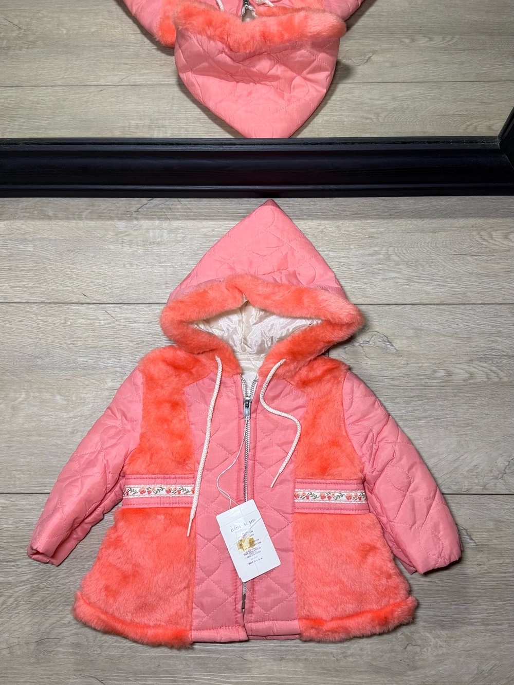New Vintage 1970s Kids / Toddlers  Fur Quilted Embroidered Flower Puffer Hooded